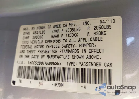 2010 Honda Accord 3.5 Ex-L from USA, damaged, VIN 1HGCS2B81AA008255